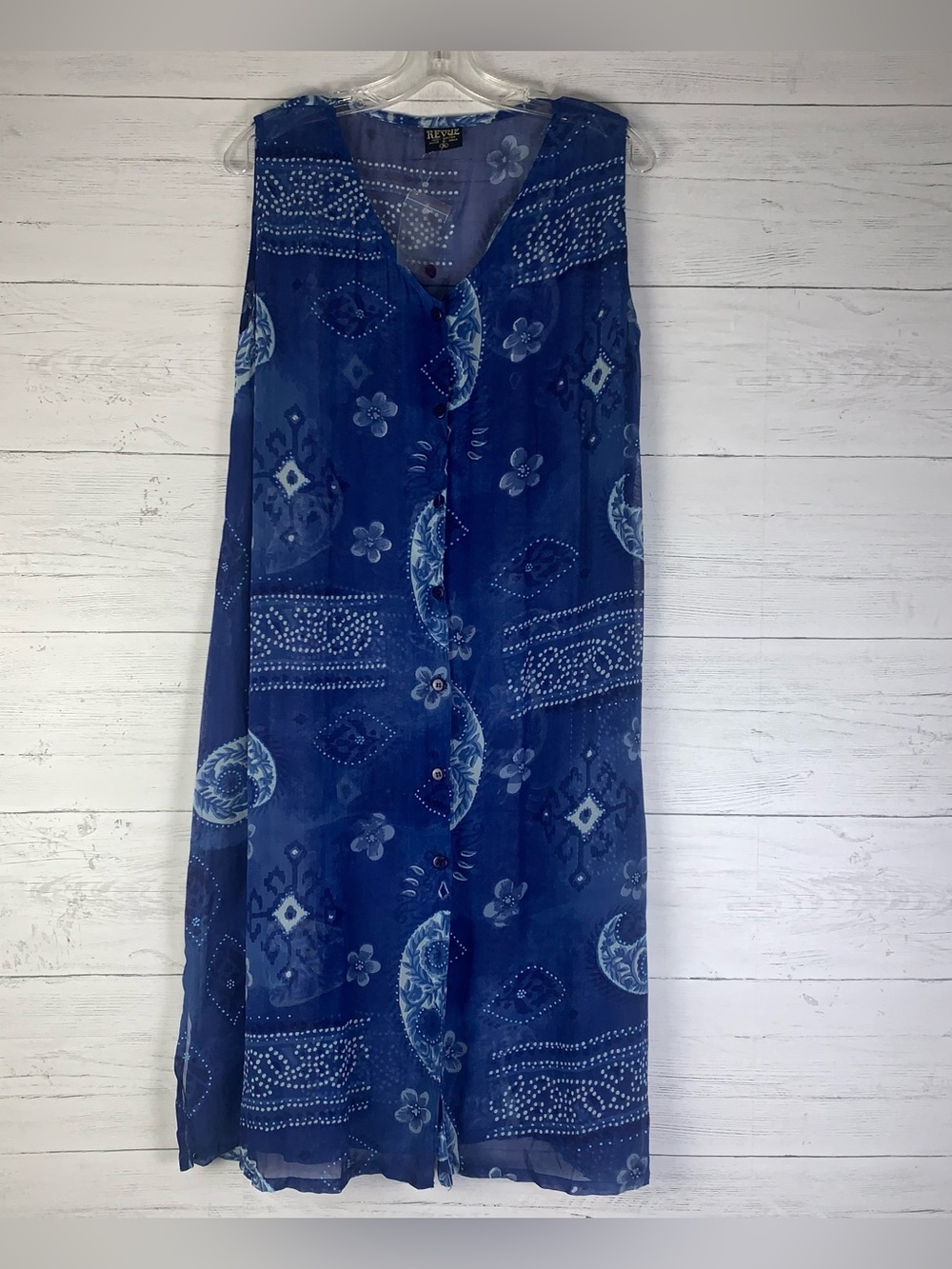Revue floral Print Sheer Button Up Duster Cover Up Women's size M blue/white
